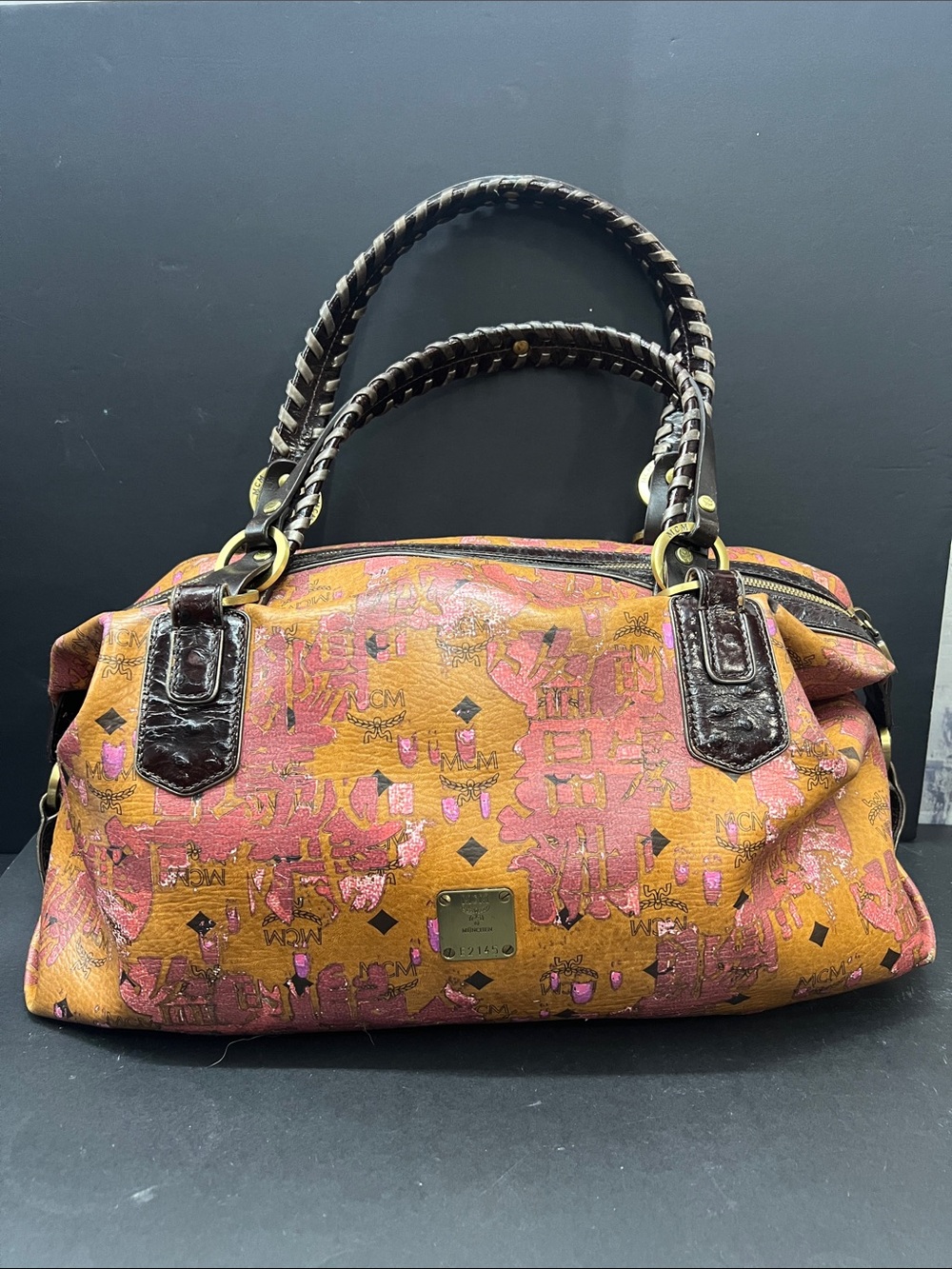 MCM Pink and Tan Monogram Shoulder Bag with Braided Dark Brown Handles